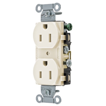 Hubbell Wiring Device-Kellems Straight Blade Receptacle, 5-15R, 15 A, 125V AC, 2 Pole, 3 Wire, Flush Mount, Grounded CR15LA